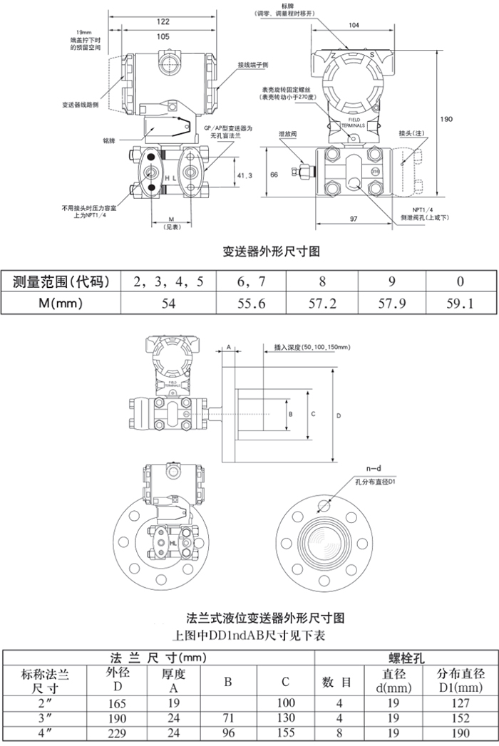 單晶硅差壓變送器規格尺寸表