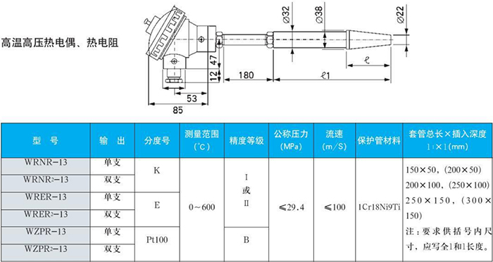 電站測溫專(zhuān)用熱電偶高溫高壓規格表